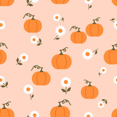 Thanksgiving seamless pattern with pumpkin and daisy garden on pink background vector. 
