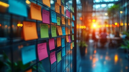 A team brainstorming session in a modern office, with blurred whiteboard in the background
