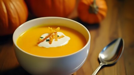 Creamy pumpkin soup with a dollop of whipped cream.