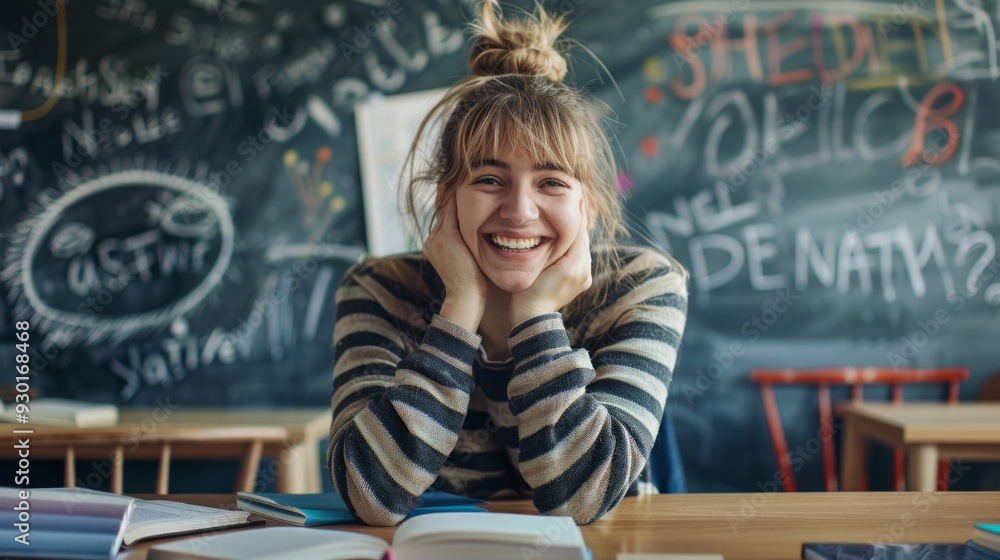 Poster a young student is joyfully studying at her desk, surrounded by books and a chalkboard filled with n