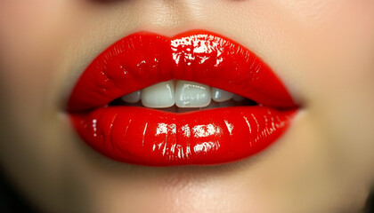 Obraz premium Close-up of luscious, red lips slightly parted, revealing a hint of teeth, with a glossy finish
