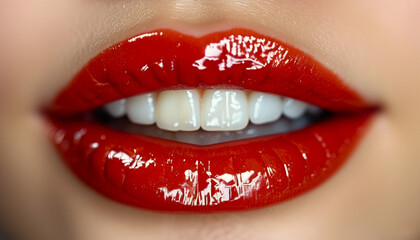 Obraz premium Close-up of luscious, red lips slightly parted, revealing a hint of teeth, with a glossy finish.