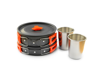 camping aluminum cookware set for cooking on a campfire