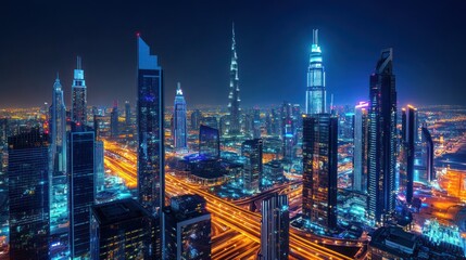 Nighttime View of Illuminated Skyscrapers in Dubai