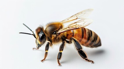 macro view of honey bee walking on white background detailed insect closeup high resolution photo