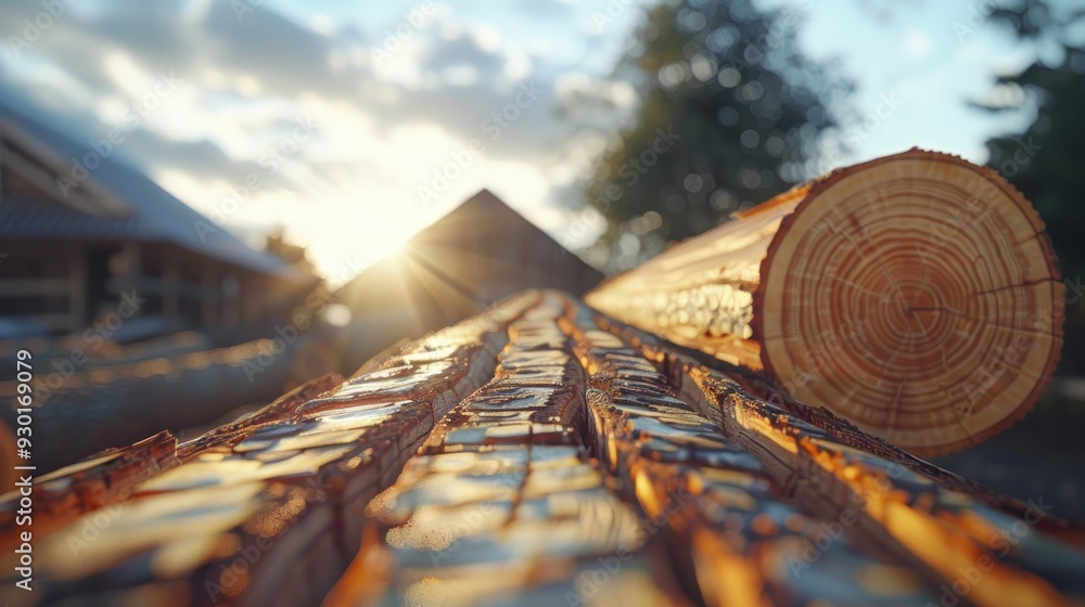 Poster closeup of sawmill logs with distinct tree rings, a stunning display of nature's patterns in timber 