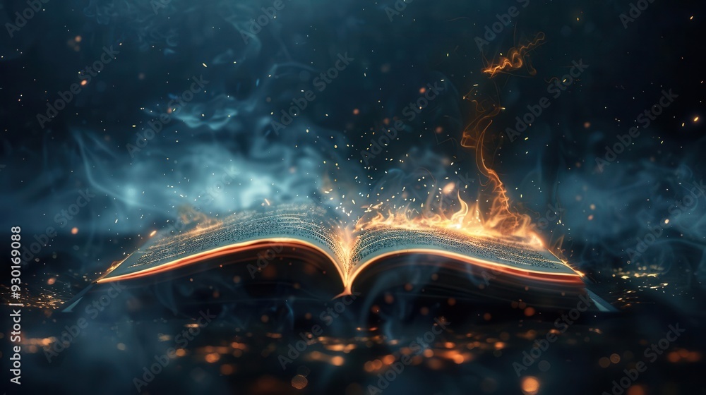 Poster magical open book with glowing pages floating in darkness streams of light swirling text particles k