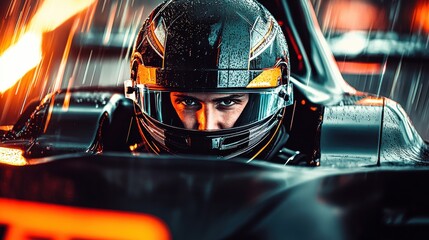 Obraz premium Cinematic close-up of race car driver in helmet with raindrops