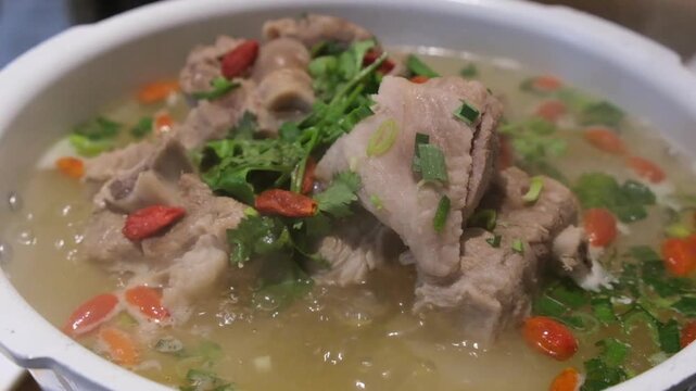 Super slow motion. Cooking delicious Chinese mutton soup. traditional food in Ningxia, China