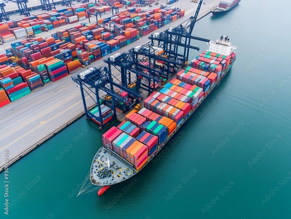 Poster aerial view of a large cargo ship at a busy port, being loaded with shipping containers.