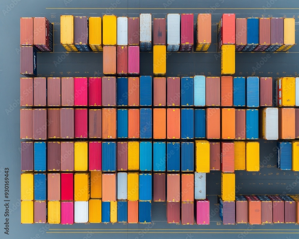Poster aerial view of a large container yard, with colorful shipping containers stacked in rows.