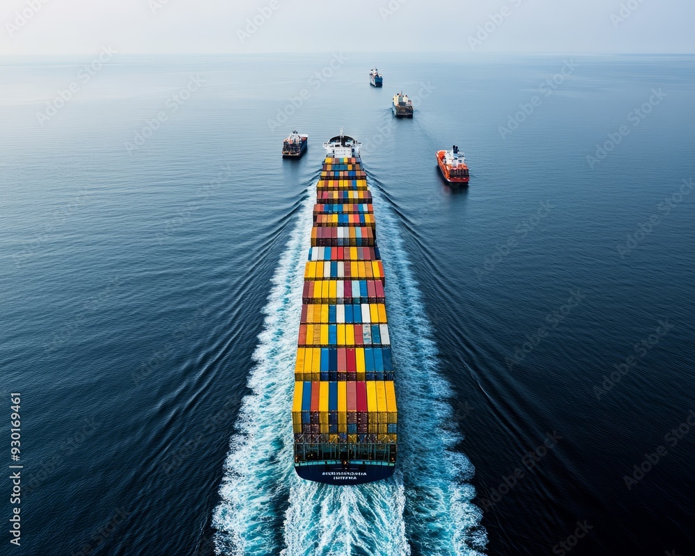 Poster Aerial view of a large container ship navigating calm waters, surrounded by smaller vessels in a serene maritime environment.