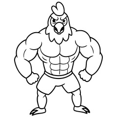 A ferocious angry chicken athlete posing line art vector illustration