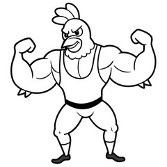 A ferocious angry chicken athlete posing line art vector illustration