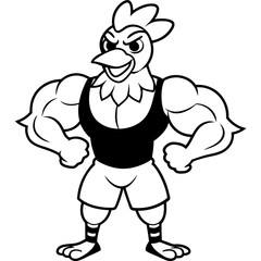 A ferocious angry chicken athlete posing line art vector illustration