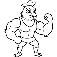 A ferocious angry chicken athlete posing line art vector illustration