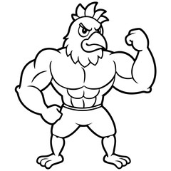 A ferocious angry chicken athlete posing line art vector illustration