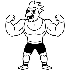 A ferocious angry chicken athlete posing line art vector illustration