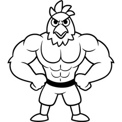 A ferocious angry chicken athlete posing line art vector illustration