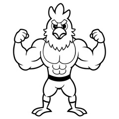 A ferocious angry chicken athlete posing line art vector illustration