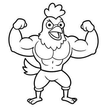 recommend clip art: A ferocious angry chicken athlete posing line art vector illustration