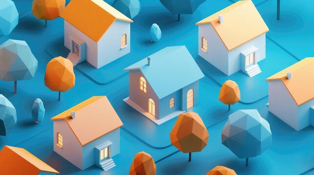 Real estate background with cartoon homes and trees in blue color hues. Real estate banner with small town illustration in minimalist aesthetic and simple designs.
