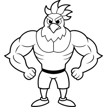 recommend clip art: A ferocious angry chicken athlete posing line art vector illustration