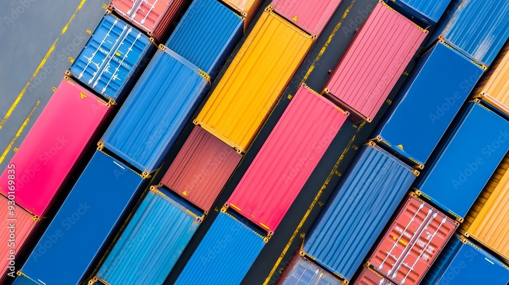 Poster aerial view of colorful shipping containers stacked in a large shipping yard.