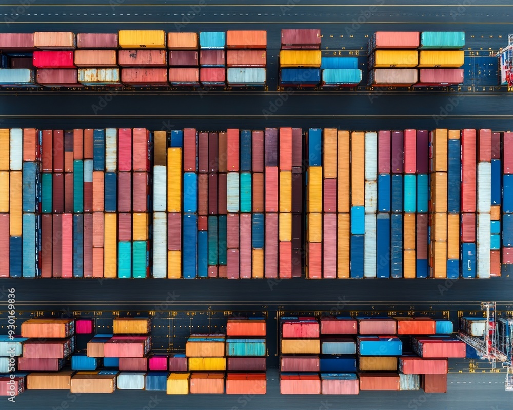 Poster aerial view of colorful shipping containers stacked in a port.