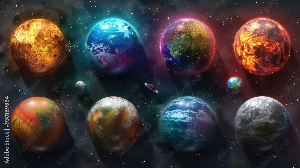 Poster majestic collection of colorful planets and moons floating in cosmic void showcasing diverse texture