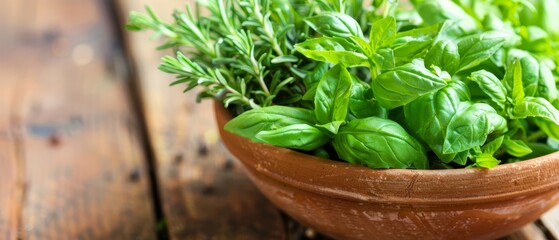  A brown bowl holds green leaves atop a wooden table Nearby, a bottle of water and another wooden table reside