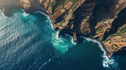 majestic coastal landscape with rugged cliffs and vast ocean aerial photography