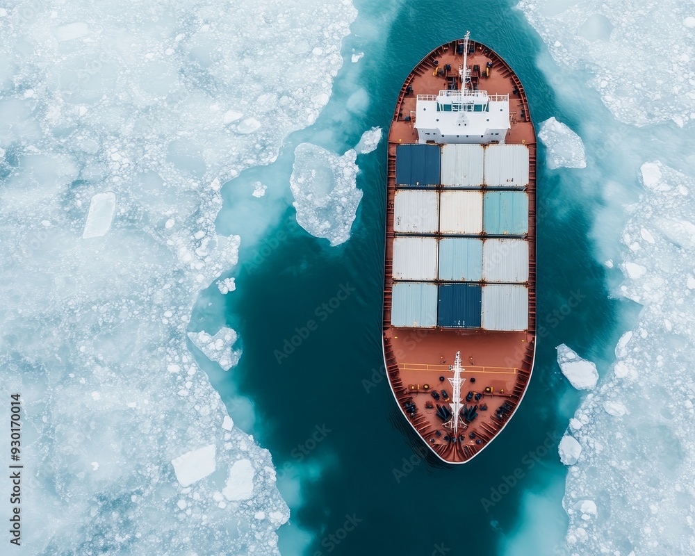 Poster an aerial view of a cargo ship navigating through a field of ice.