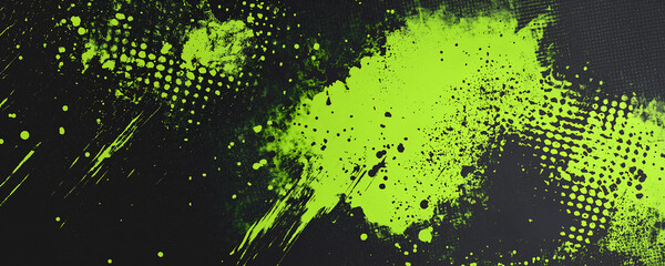 Black and green halftone background with grungy dots, and cyberpunk elements.