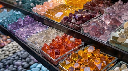 Fototapeta premium Diverse gemstones arranged to show different patterns (focus on, aesthetic appeal, whimsical, Multilayer, Exhibition booth)