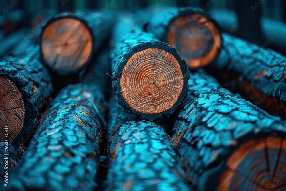 Poster close-up of stacked logs with unique textures and patterns, showing natural beauty of forest product