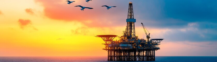Obraz premium An offshore oil rig stands tall against a vibrant sunset sky, surrounded by seabirds flying majestically over the ocean waters.