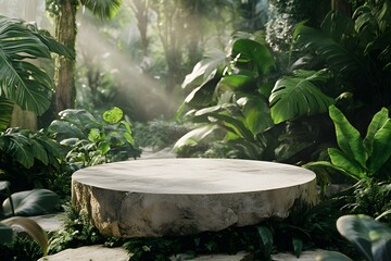 A stone podium in the jungle, green plants