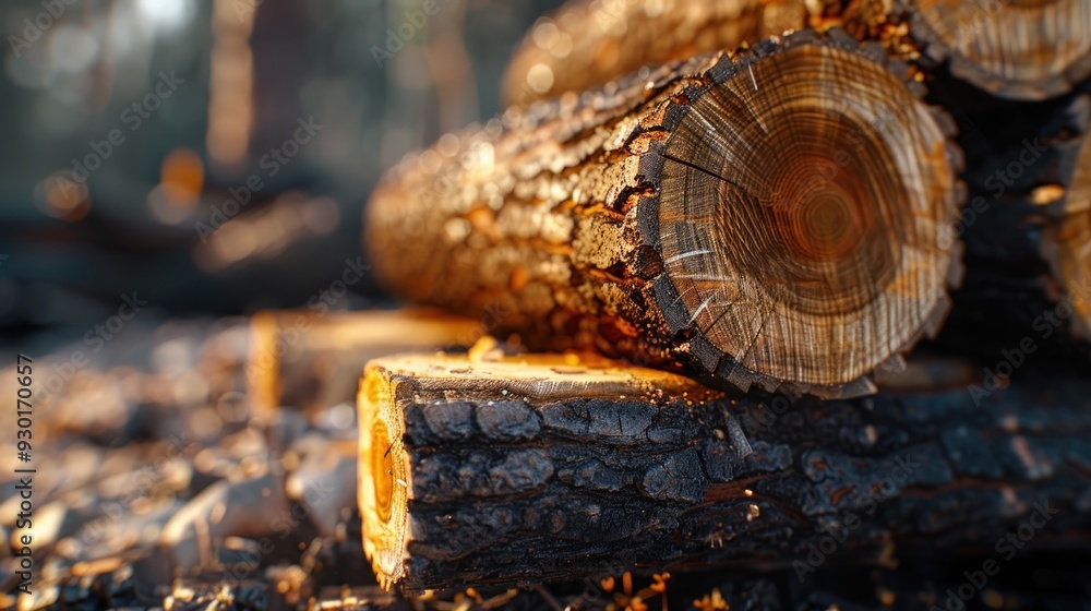 Poster close-up of sawmill logs with distinct tree rings, a visual representation of time and growth, timbe