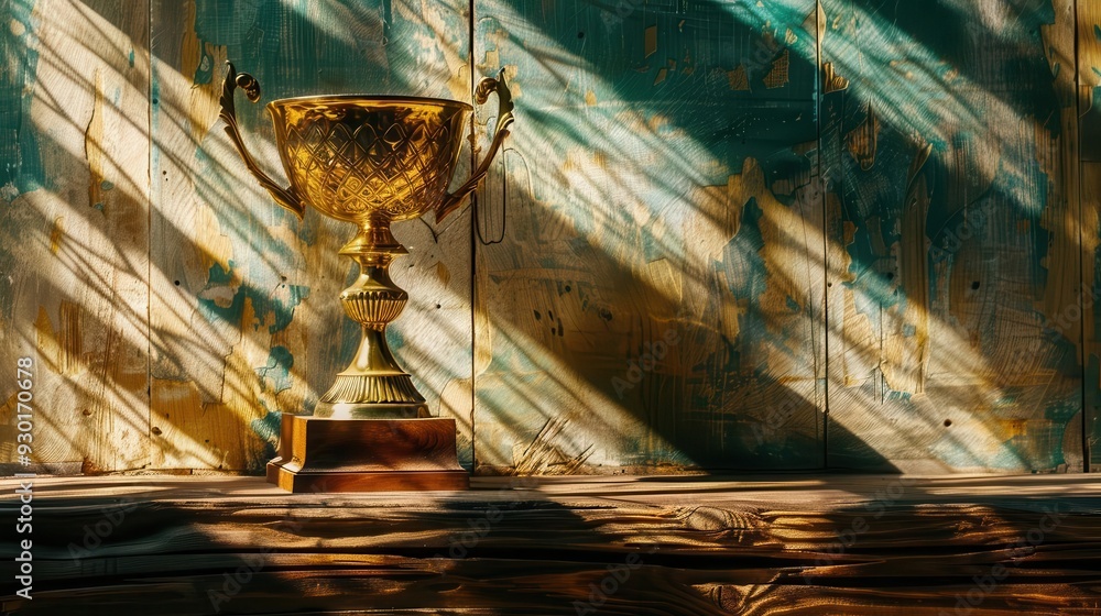 Wall mural majestic golden trophy on weathered wooden table dramatic lighting casting long shadows atmosphere of triumph and accomplishment