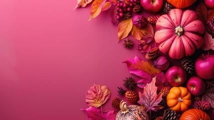 Fuchsia pink Thanksgiving background with autumn foliage, pine cones, pumpkins, apples and dried leaves as well as blank space for text, additional images and advertisement-marketing materials.