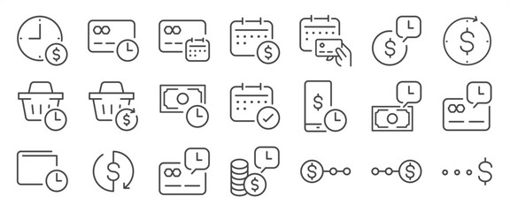 Pay later icon set. It includes installment, payment, due date, wishlist, time to pay, and more icons. Editable Vector Stroke.