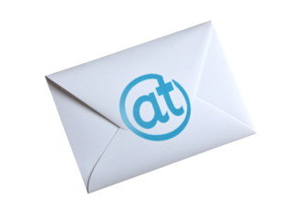 a white envelope with blue logo