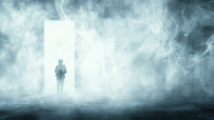 Fototapeta premium A mysterious figure stands before a glowing door surrounded by swirling fog, evoking intrigue and otherworldly themes.