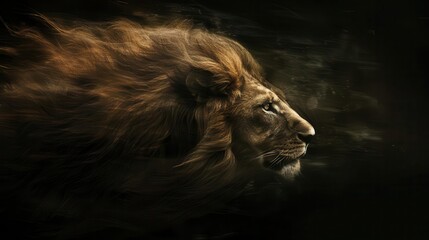 majestic lion emerging from darkness fierce expression illuminated by dramatic rim lighting ethereal mane flowing powerful and regal atmosphere