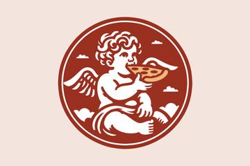 Sweet little angel baby Cupid eats pizza. Vintage vector engraved round pizzeria emblem, logo, icon