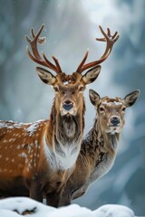 Fototapeta premium Portrait photo of two deers in the woods during winter. Wildlife photography phone wallpaper.