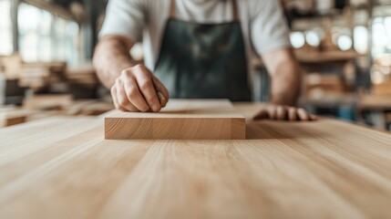 Close up of a carpenter's hand marking a piece of wood in a workshop.