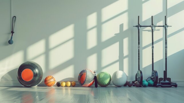Various sports equipment arranged on the floor against a white wall, including tennis rackets, basketballs, soccer balls, and baseball gear, ideal for athletic gear and sports lifestyle concepts


 - Powered by Adobe