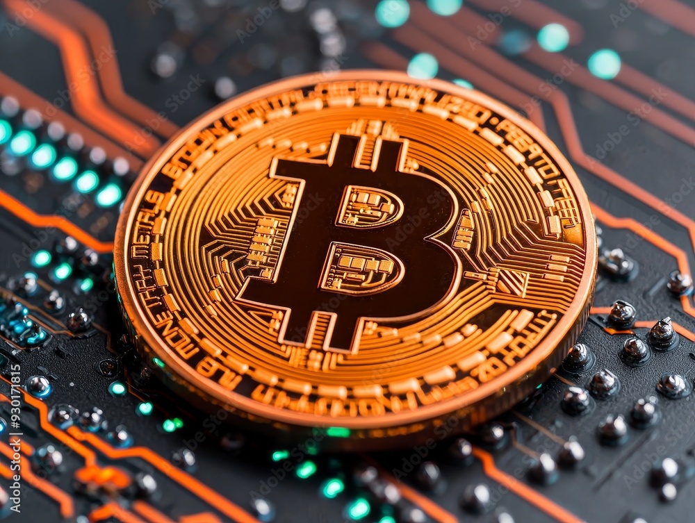 Poster close-up of a bitcoin coin on a circuit board, symbolizing digital currency and technology in financ